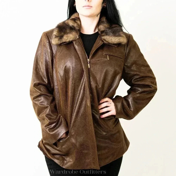 Peter Nygard Brown Faux Alligator Print Fur Collared Jacket - L - Picture 1 of 12
